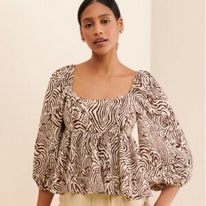 Free People x Moon River Print Babydoll Coquette Blouse in Brown and Ecru Sz XS